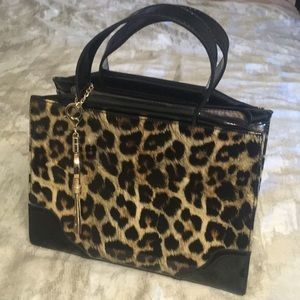 Leopard print faux patent leather handbag